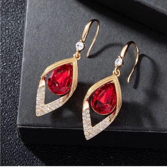 14K Yellow Gold with Ruby Red Austrian Crystal Halo Leaf Teardrop Hook Earrings - Picture 3 of 7